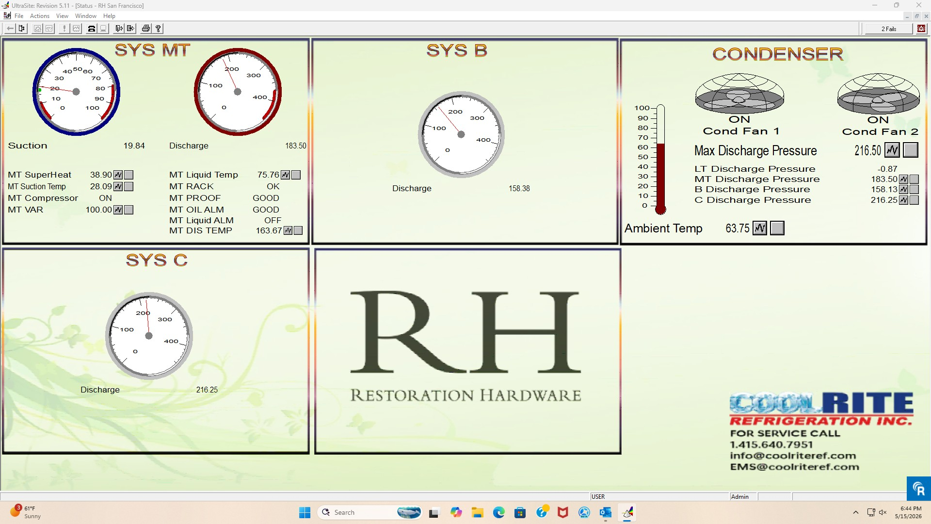 Live CoolriteEMS dashboard showing real-time refrigeration data from Restoration Hardware San Francisco — multi-circuit suction, discharge, condenser fan status, and pressure readings