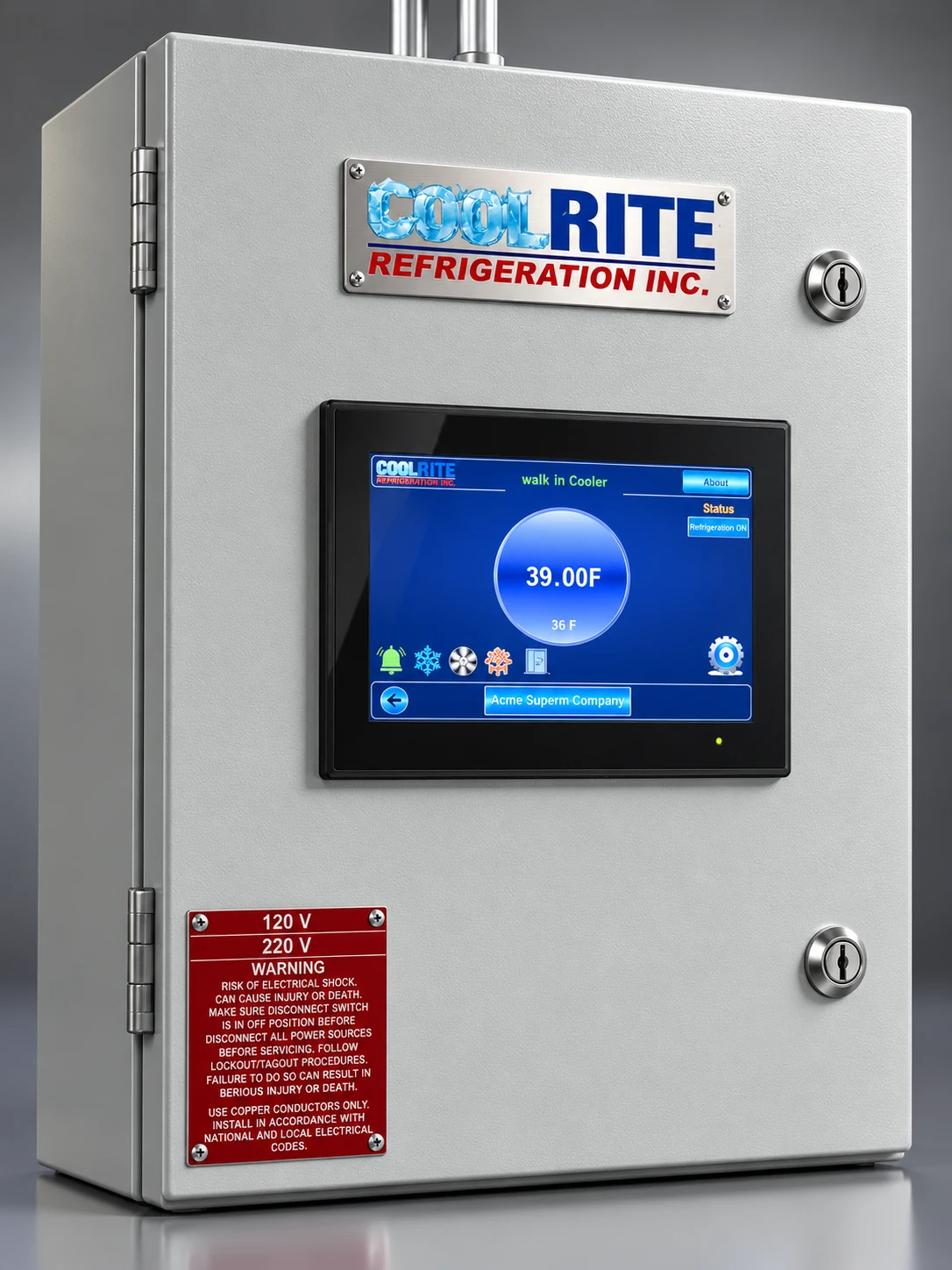 CoolRite smart refrigeration control cabinet with a panel-mounted touchscreen interface