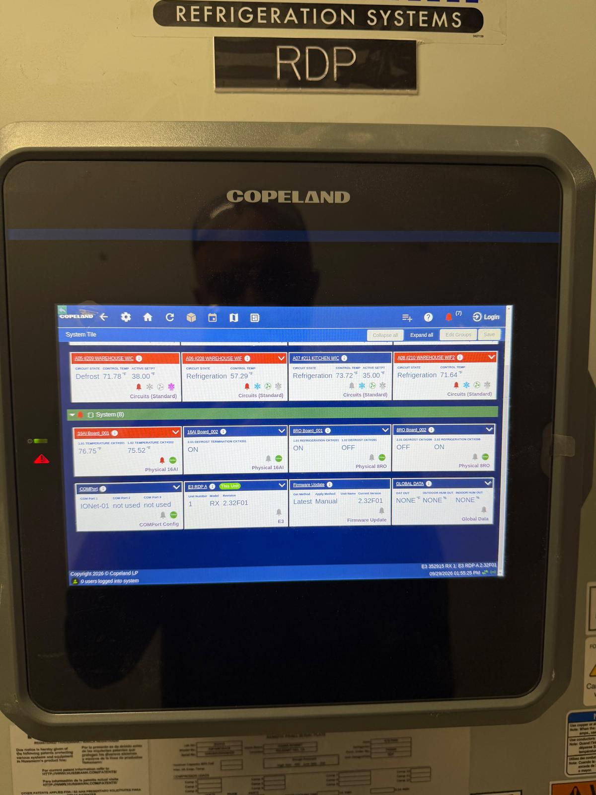 Copeland E3 local touchscreen HMI displaying refrigeration circuits, system points and firmware information