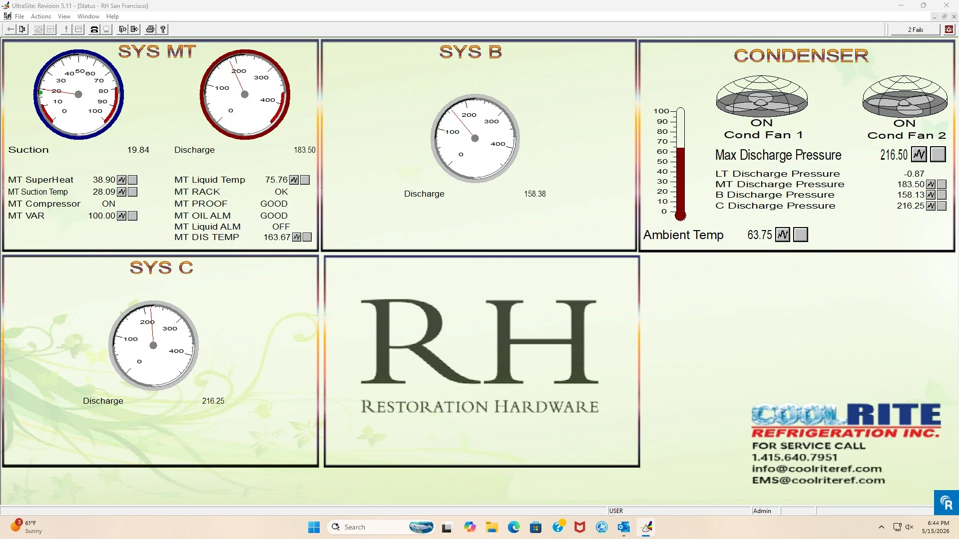 Emerson E2 remote monitoring screen showing suction and discharge pressure, condenser fans and refrigeration system status