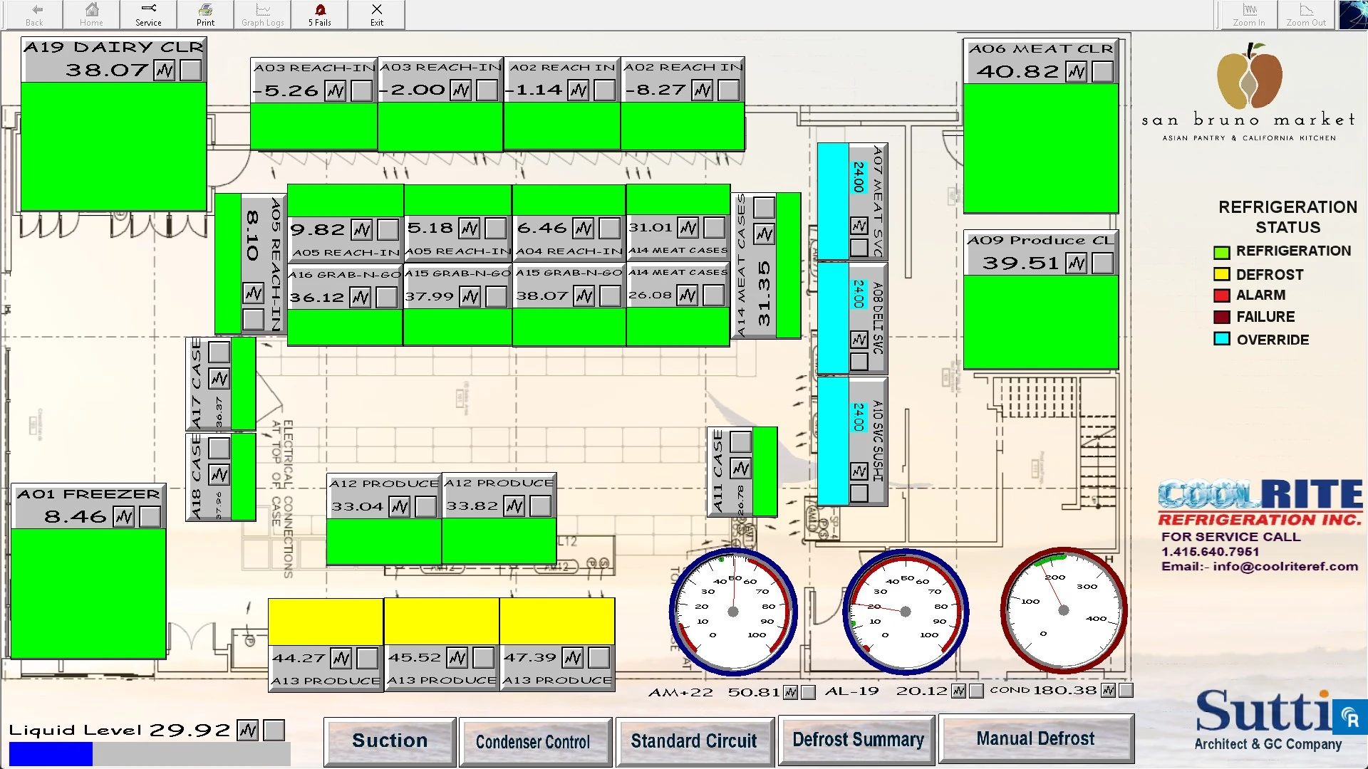 San Bruno Market floor plan showing Emerson E2 refrigeration rooms, display cases, operating temperatures and system status