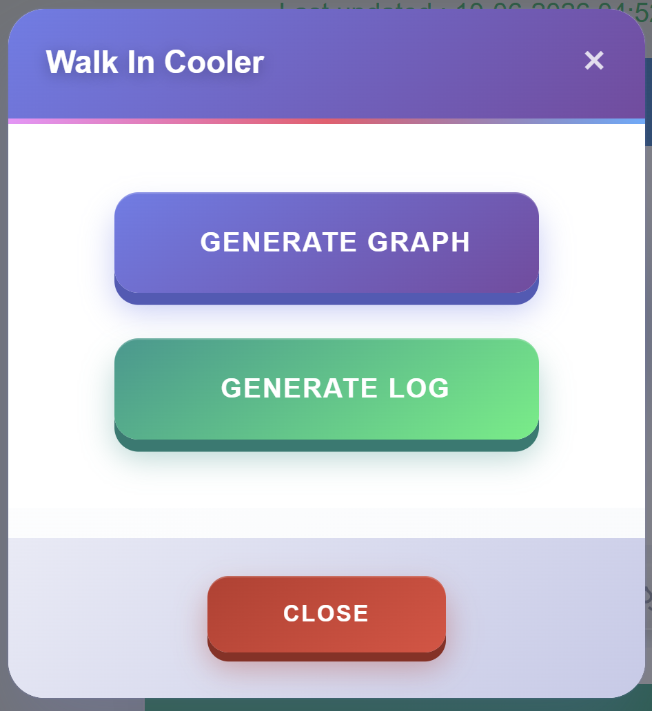 Walk-in cooler interface with Generate Graph and Generate Log control options