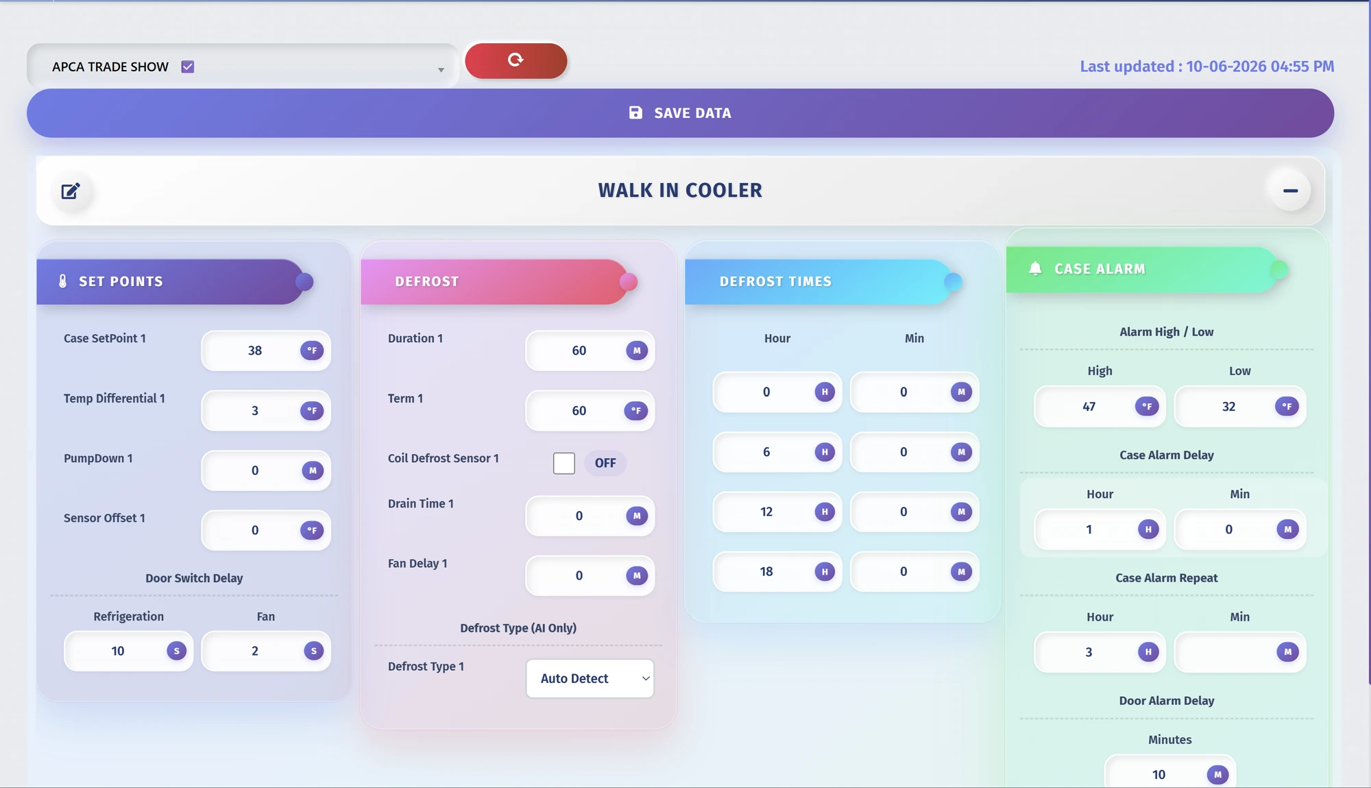 Walk-in cooler Smart Controller setup screen with setpoints, defrost settings, defrost times and case alarm configuration